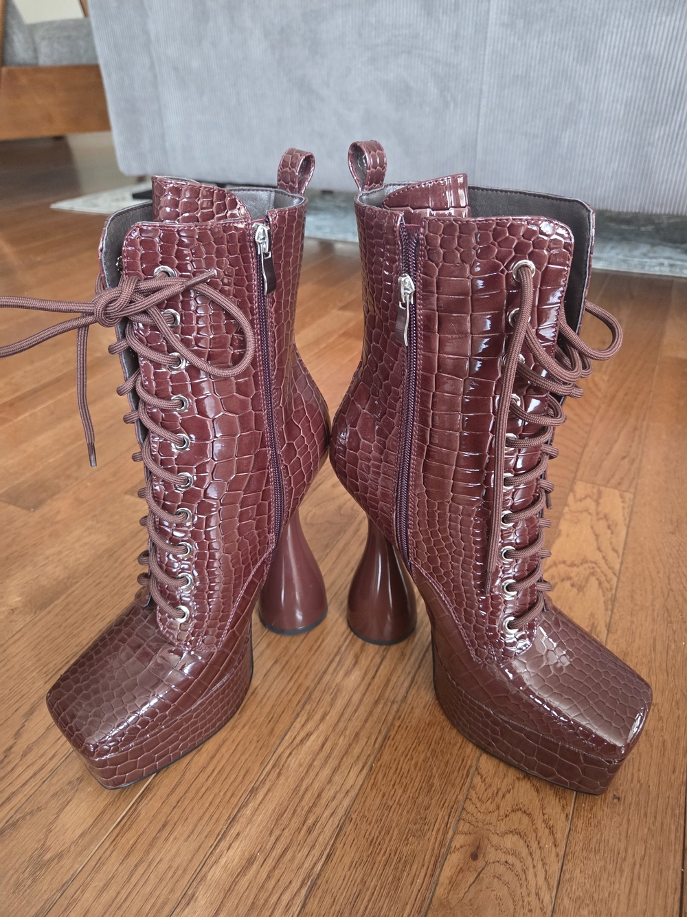 Azalea Wang Womens Croc-Texture Lace-Up Platform Boots - Burgundy